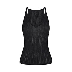 SHEER KNIT PLUNGE TANK | ONYX FLAT ON A WHITE BACKGROUND | FLT