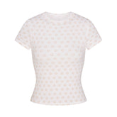 COTTON RIB T-SHIRT | OCHRE HORSESHOE PRINT FLAT ON A WHITE BACKGROUND | FLT