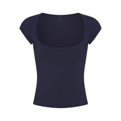 COTTON JERSEY SCOOP NECK T-SHIRT | NAVY FLAT ON A WHITE BACKGROUND | FLT