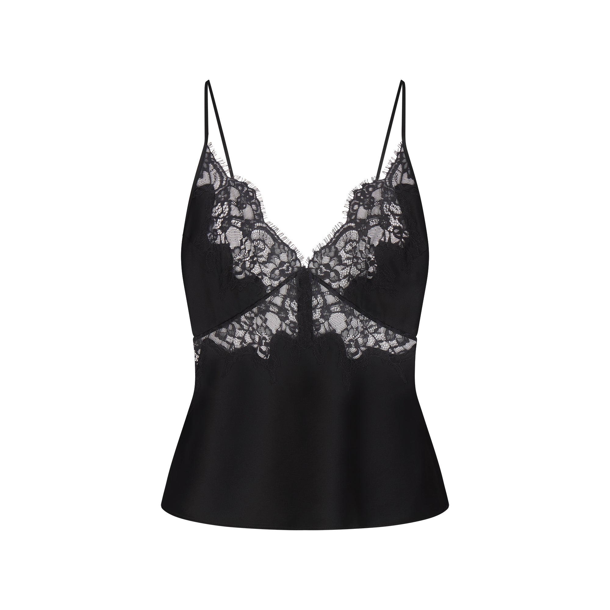 SILK LACE CAMI | ONYX FLAT ON A WHITE BACKGROUND | FLT