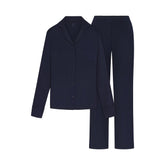 SKIMS SLEEP LONG SLEEVE BUTTON UP SET | NAVY FLAT ON A WHITE BACKGROUND | FLT