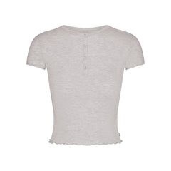 SKIMS SLEEP HENLEY AND FOLDOVER SHORT SET | LIGHT HEATHER GREY FLAT ON A WHITE BACKGROUND | FLT