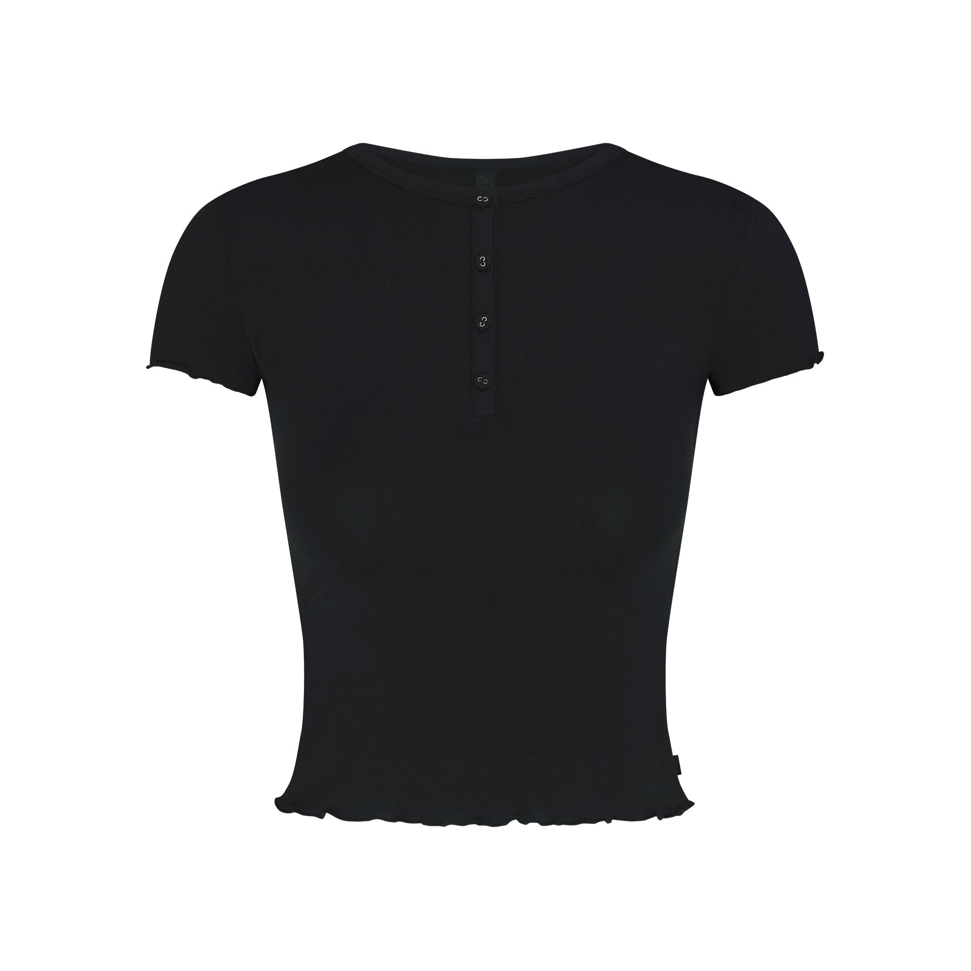 SKIMS SLEEP HENLEY AND FOLDOVER SHORT SET | ONYX FLAT ON A WHITE BACKGROUND | FLT