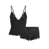 FITS EVERYBODY LACE TRIANGLE CAMI AND BOY SHORT SET | ONYX FLAT ON A WHITE BACKGROUND | FLT