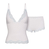 FITS EVERYBODY LACE TRIANGLE CAMI AND BOY SHORT SET | SLATE PIN DOT PRINT FLAT ON A WHITE BACKGROUND | FLT