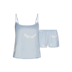 WOVEN SHINE CAMI AND SHORT SLEEP SET | AERO WING HEARTS PRINT LAYS FLAT ON A WHITE BACKGROUND | FLT