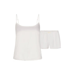 WOVEN SHINE CAMI AND SHORT SLEEP SET | IVORY LAYS FLAT ON A WHITE BACKGROUND | FLT