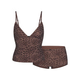 FITS EVERYBODY PICOT CAMI AND BOY SHORT SET | UMBER LEOPARD PRINT FLAT ON A WHITE BACKGROUND | FLT