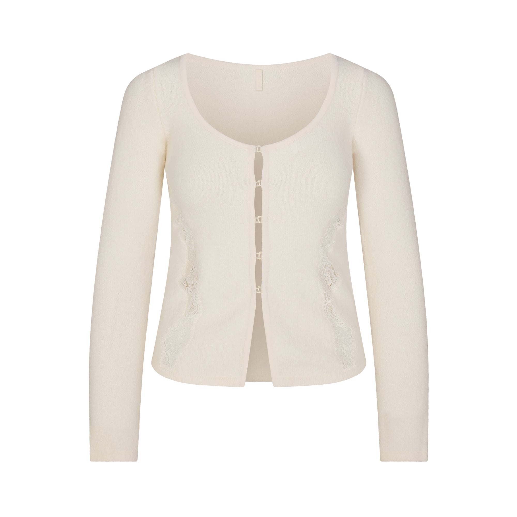 LACE KNIT LONG SLEEVE CARDIGAN | SUGAR FLAT ON A WHITE BACKGROUND | FLT
