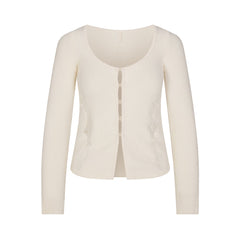 LACE KNIT LONG SLEEVE CARDIGAN | SUGAR FLAT ON A WHITE BACKGROUND | FLT
