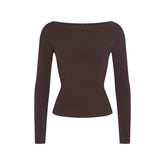 COTTON JERSEY LONG SLEEVE BOATNECK TOP | ESPRESSO FLAT ON A WHITE BACKGROUND | FLT
