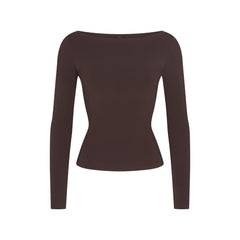 COTTON JERSEY LONG SLEEVE BOATNECK TOP | ESPRESSO FLAT ON A WHITE BACKGROUND | FLT
