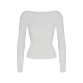 COTTON JERSEY LONG SLEEVE BOATNECK TOP | LIGHT HEATHER GREY FLAT ON A WHITE BACKGROUND | FLT