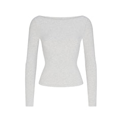 COTTON JERSEY LONG SLEEVE BOATNECK TOP | LIGHT HEATHER GREY FLAT ON A WHITE BACKGROUND | FLT