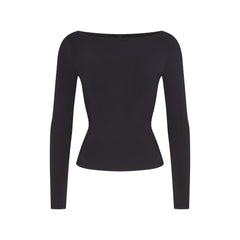 COTTON JERSEY LONG SLEEVE BOATNECK TOP | SOOT FLAT ON A WHITE BACKGROUND | FLT