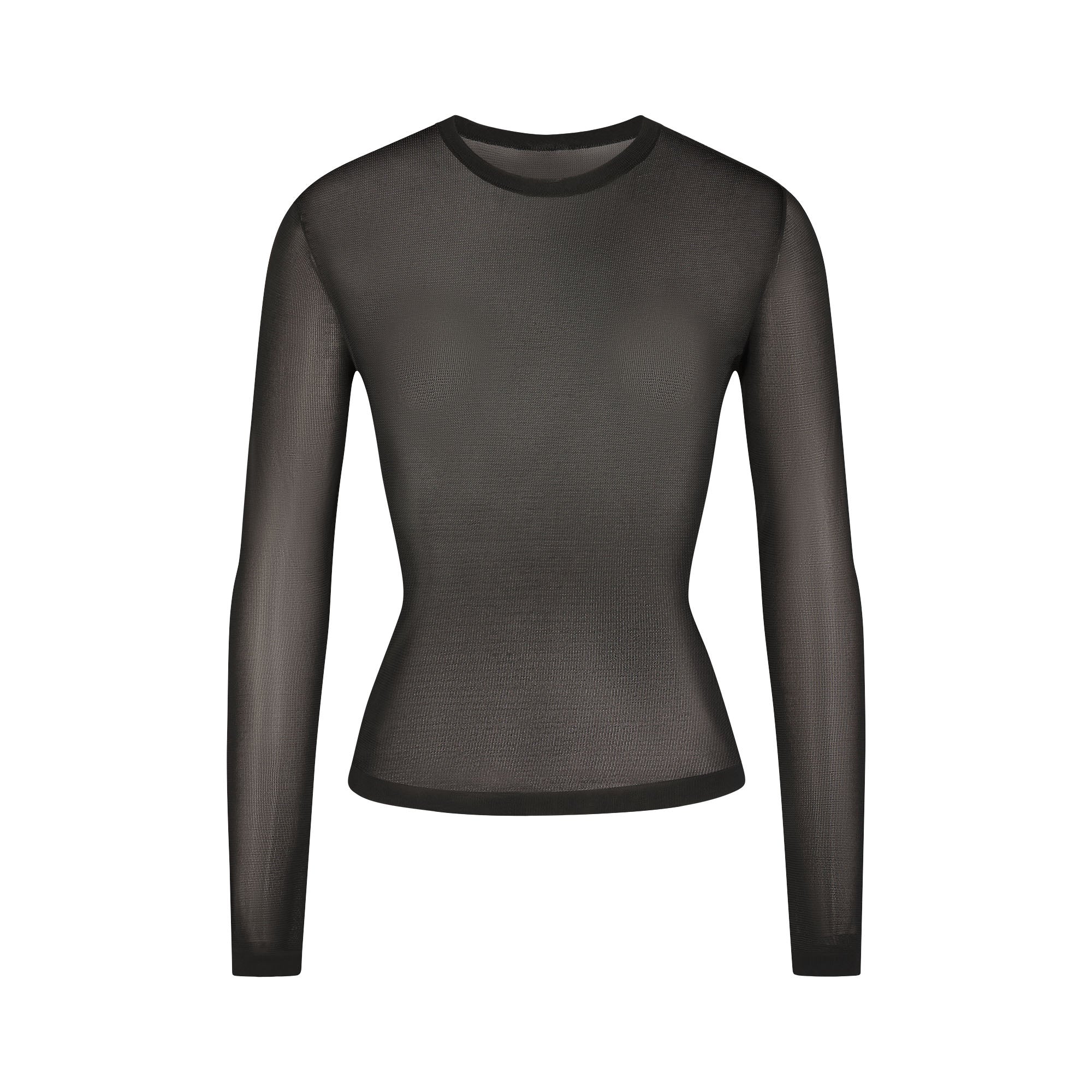 SLINKY KNIT CREW NECK LONG SLEEVE TOP | OBSIDIAN FLAT ON A WHITE BACKGROUND | FLT