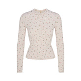 COTTON JERSEY LONG SLEEVE T-SHIRT | OATMEAL HEATHER HOLLY PRINT FLAT ON A WHITE BACKGROUND | FLT