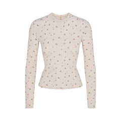 COTTON JERSEY LONG SLEEVE T-SHIRT | OATMEAL HEATHER HOLLY PRINT FLAT ON A WHITE BACKGROUND | FLT