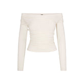 SHEER MODAL OFF THE SHOULDER LONG SLEEVE TOP | ECRU FLAT ON A WHITE BACKGROUND | FLT