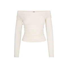 SHEER MODAL OFF THE SHOULDER LONG SLEEVE TOP | ECRU FLAT ON A WHITE BACKGROUND | FLT