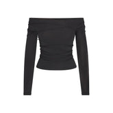 SHEER MODAL OFF THE SHOULDER LONG SLEEVE TOP | ONYX FLAT ON A WHITE BACKGROUND | FLT