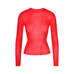 SHEER RIB LONG SLEEVE TOP | CARMINE FLAT ON A WHITE BACKGROUND | FLT