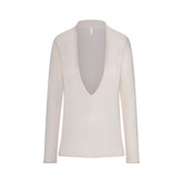 SLINKY KNIT DEEP PLUNGE TOP | BUFF FLAT ON A WHITE BACKGROUND | FLT