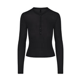 SHEER MODAL CREW NECK HENLEY | ONYX FLAT ON A WHITE BACKGROUND | FLT