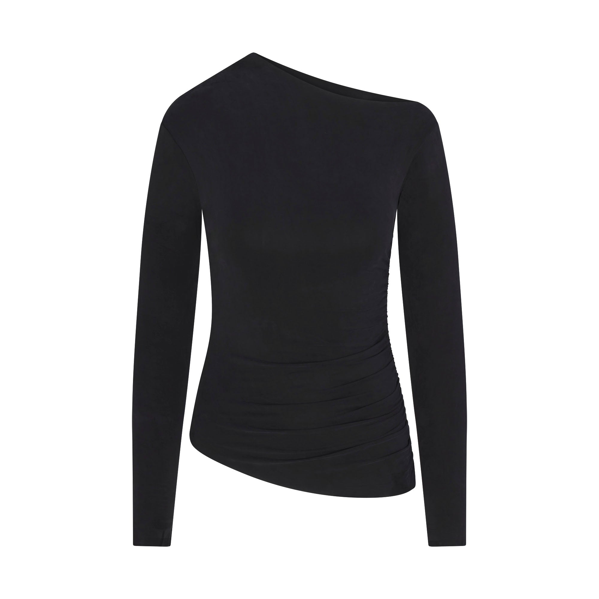 CUPRO JERSEY ASYMMETRICAL TOP | OBSIDIAN FLAT ON A WHITE BACKGROUND | FLT