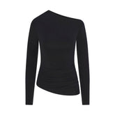 CUPRO JERSEY ASYMMETRICAL TOP | OBSIDIAN FLAT ON A WHITE BACKGROUND | FLT