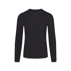 SKIMS COTTON RIB MENS HENLEY | ONYX FLAT ON A WHITE BACKGROUND | FLT @ | FOCUS: 0.0, 1.0, 0.9