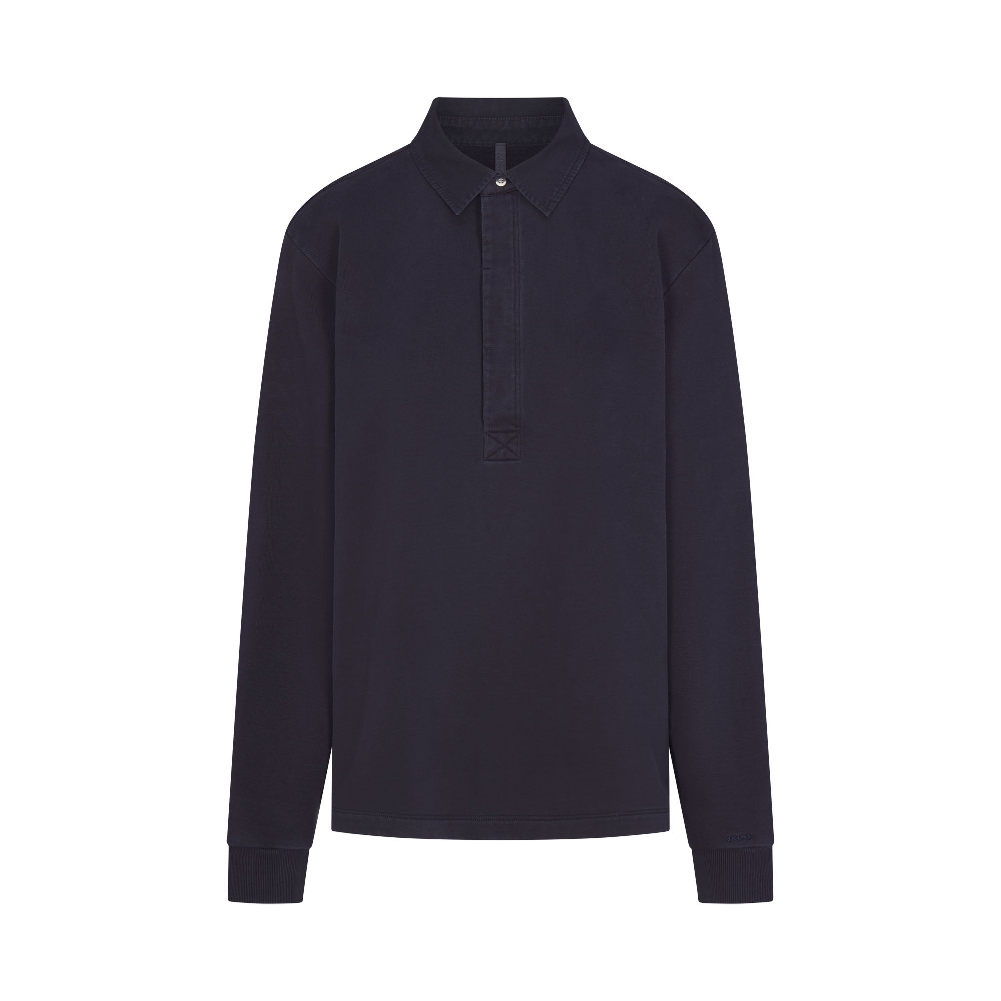 BOYFRIEND FLEECE OVERSIZED POLO | BLUE BLACK & LAYS FLAT ON A WHITE BACKGROUND | FLT