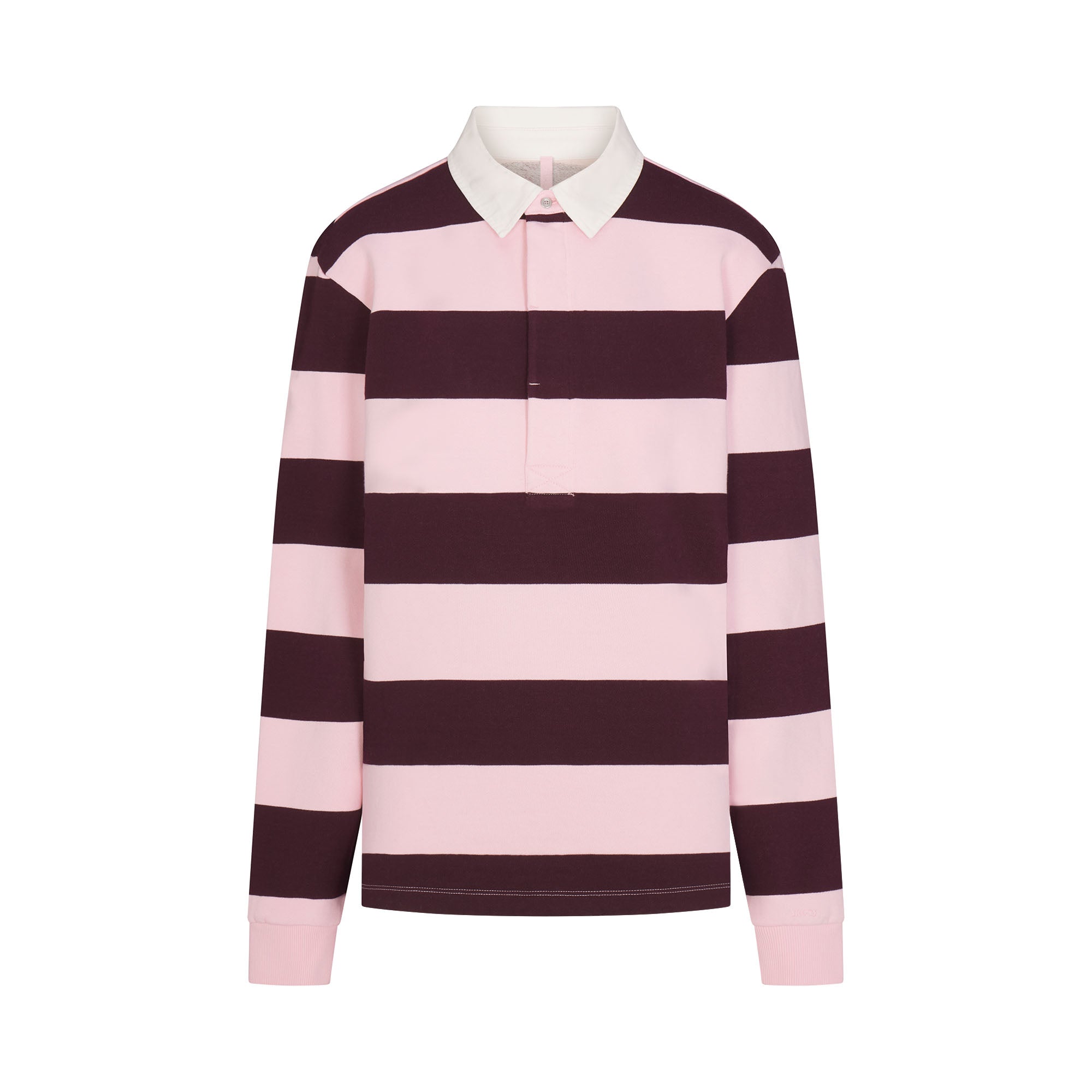 BOYFRIEND FLEECE OVERSIZED POLO | CURRANT RUGBY STRIPE & LAYS FLAT ON A WHITE BACKGROUND | FLT