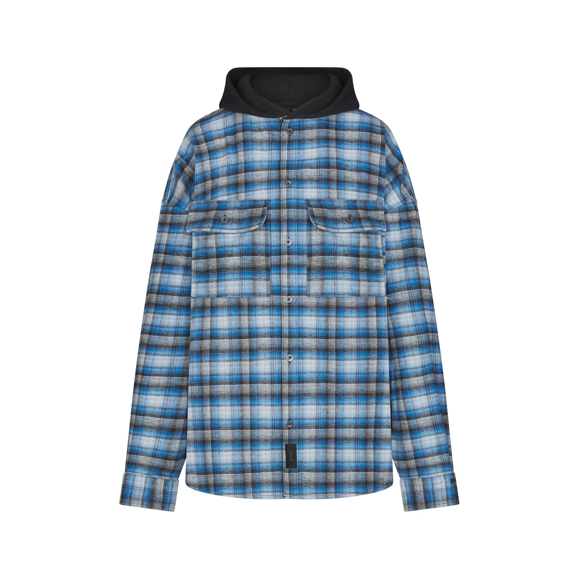 OUTDOOR FLANNEL OVERSIZED HOODED SHIRT | AZURE PLAID & LAYS FLAT ON A WHITE BACKGROUND | FLT