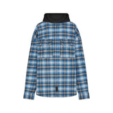 OUTDOOR FLANNEL OVERSIZED HOODED SHIRT | AZURE PLAID & LAYS FLAT ON A WHITE BACKGROUND | FLT