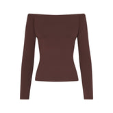 SMOOTH LAYERS OFF THE SHOULDER TOP | COCOA FLAT ON A WHITE BACKGROUND | FLT
