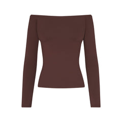 SMOOTH LAYERS OFF THE SHOULDER TOP | COCOA FLAT ON A WHITE BACKGROUND | FLT