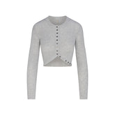ESSENTIAL SWEATERS WRAP SWEATER | MID HEATHER GREY FLAT ON A WHITE BACKGROUND | FLT