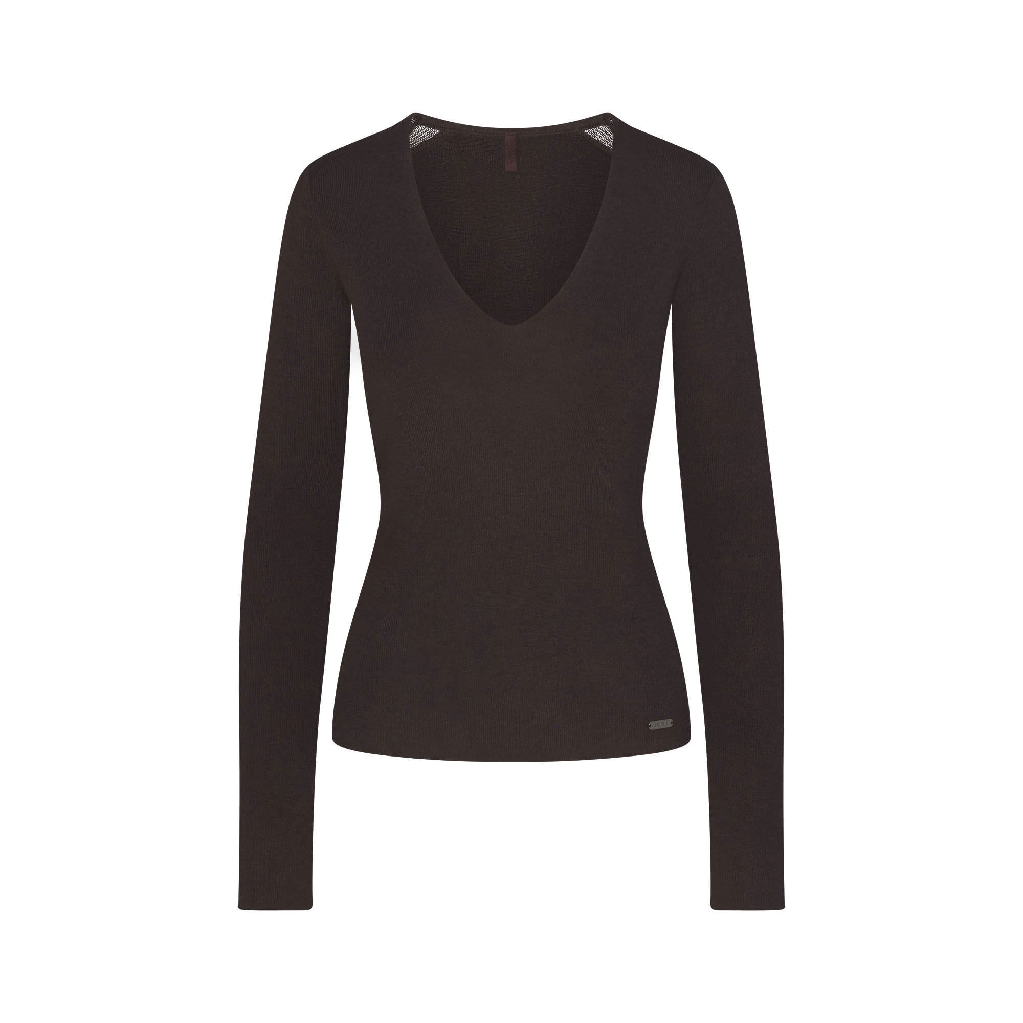 ESSENTIAL SWEATERS LONG SLEEVE V NECK | ESPRESSO FLAT ON A WHITE BACKGROUND | FLT