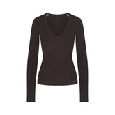 ESSENTIAL SWEATERS LONG SLEEVE V NECK | ESPRESSO FLAT ON A WHITE BACKGROUND | FLT