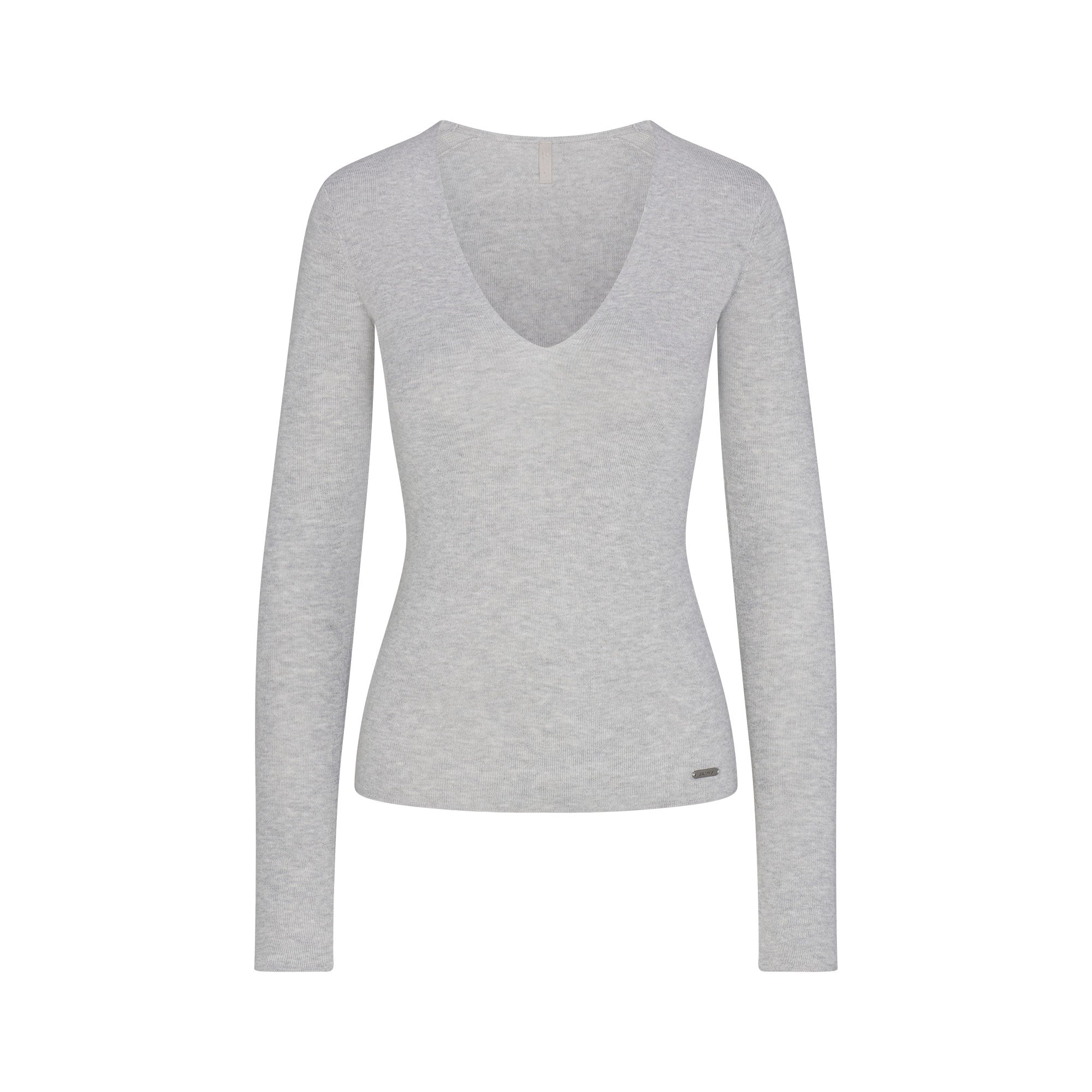 ESSENTIAL SWEATERS LONG SLEEVE V NECK | MID HEATHER GREY FLAT ON A WHITE BACKGROUND | FLT