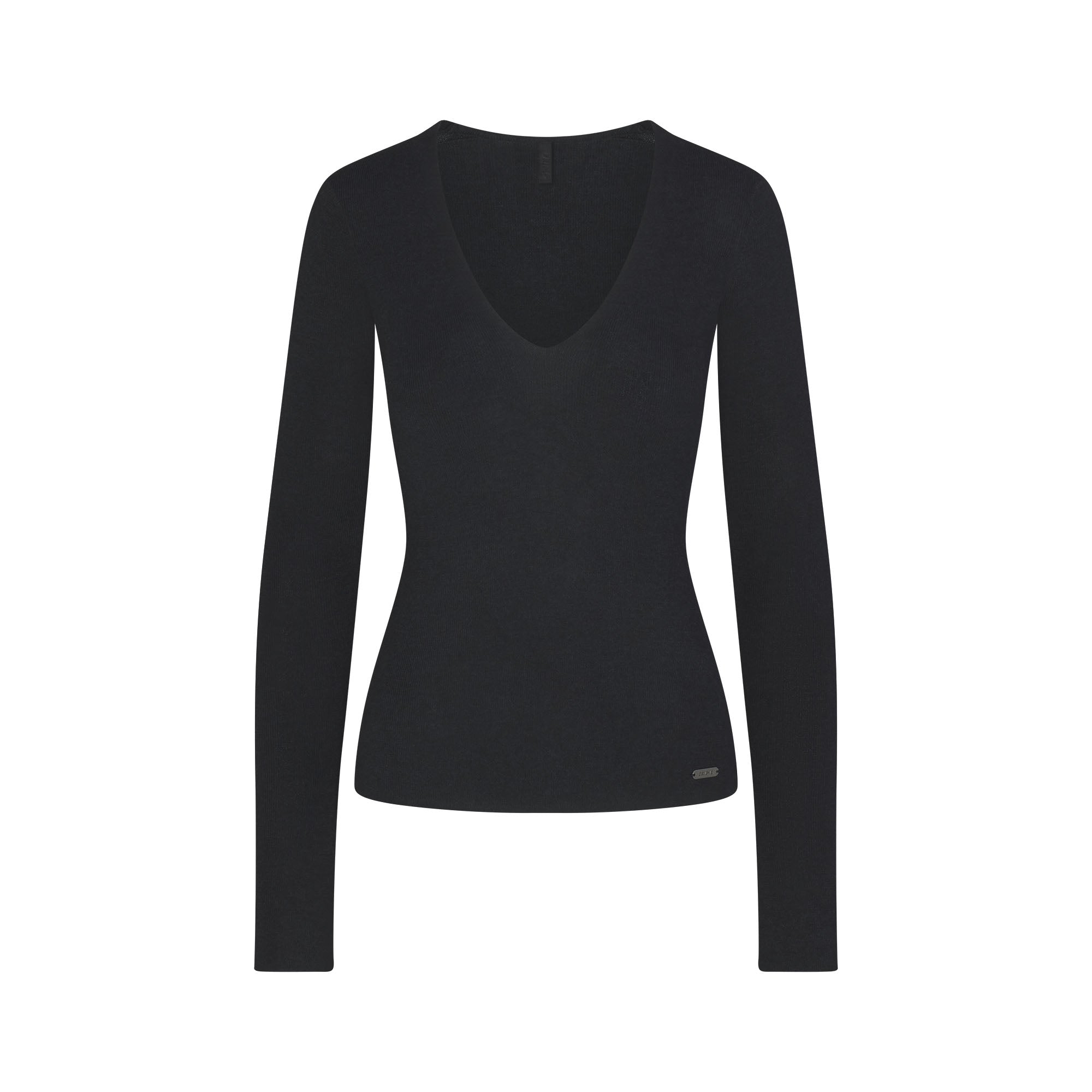ESSENTIAL SWEATERS LONG SLEEVE V NECK | ONYX FLAT ON A WHITE BACKGROUND | FLT