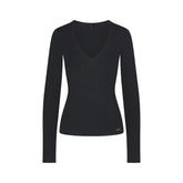 ESSENTIAL SWEATERS LONG SLEEVE V NECK | ONYX FLAT ON A WHITE BACKGROUND | FLT