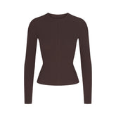 COTTON RIB ZIP UP TOP | ESPRESSO FLAT ON A WHITE BACKGROUND | FLT