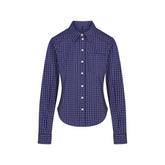COTTON POPLIN SHRUNKEN BUTTON UP SHIRT | NAVY CHECK FLAT ON A WHITE BACKGROUND | FLT