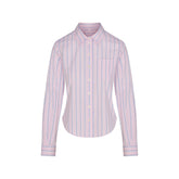 COTTON POPLIN SHRUNKEN BUTTON UP SHIRT | PINK TULLE WIDE STRIPE & LAYS FLAT ON A WHITE BACKGROUND | FLT