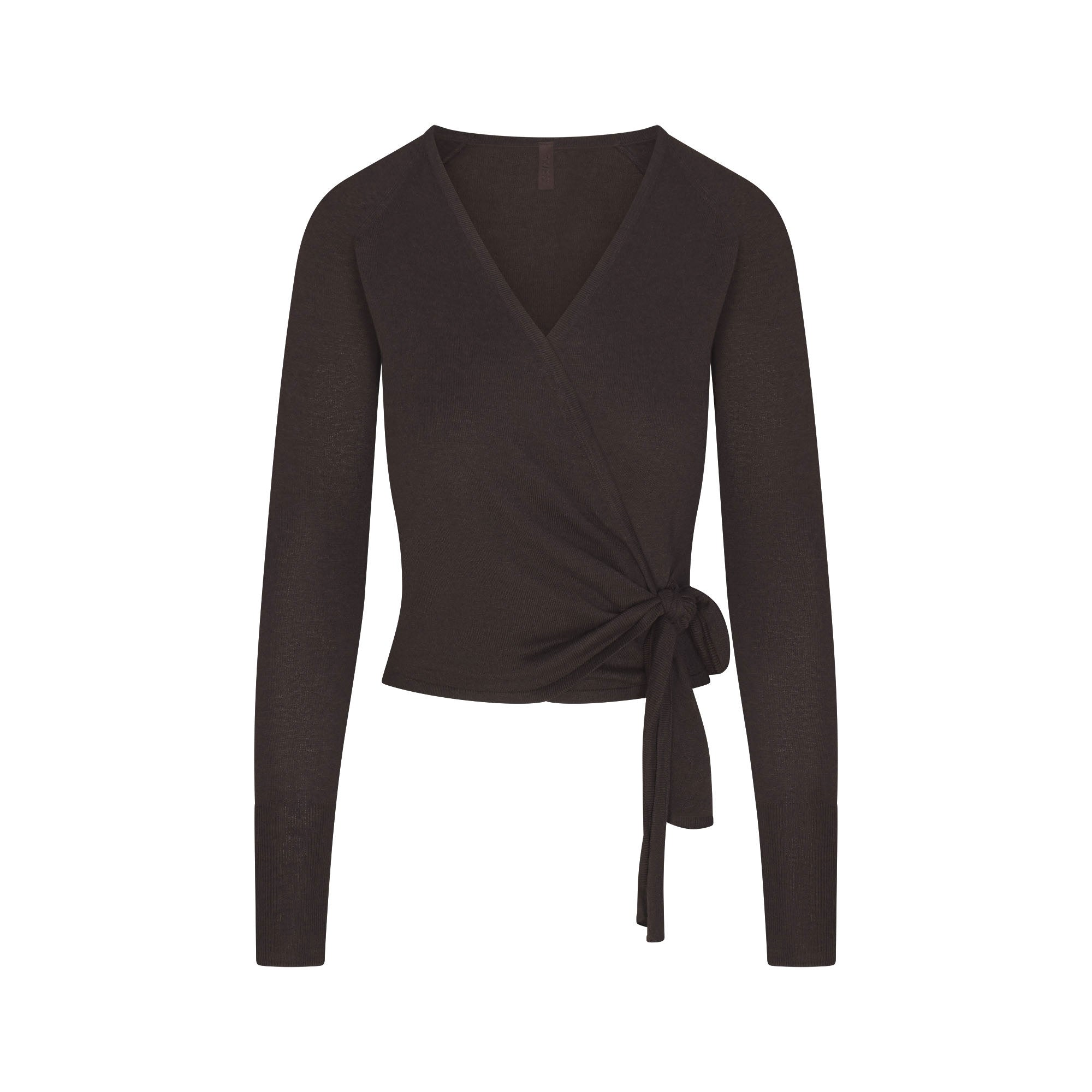 ESSENTIAL KNIT WRAP SWEATER | ESPRESSO & LAYS FLAT ON A WHITE BACKGROUND | FLT