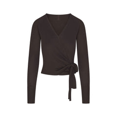 ESSENTIAL KNIT WRAP SWEATER | ESPRESSO & LAYS FLAT ON A WHITE BACKGROUND | FLT