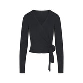 ESSENTIAL SWEATERS WRAP SWEATER | ONYX & LAYS FLAT ON A WHITE BACKGROUND | FLT