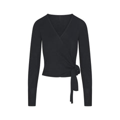 ESSENTIAL SWEATERS WRAP SWEATER | ONYX & LAYS FLAT ON A WHITE BACKGROUND | FLT